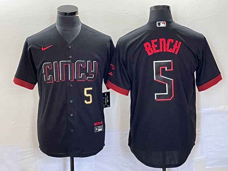 Mens Cincinnati Reds #5 Johnny Bench Number Black 2023 City Connect Cool Base Stitched Baseball Jersey